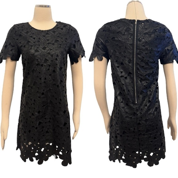 JOA Floral Cutout Black Faux Leather Short Sleeve Mini Dress Size Small NEW - Picture 5 of 7